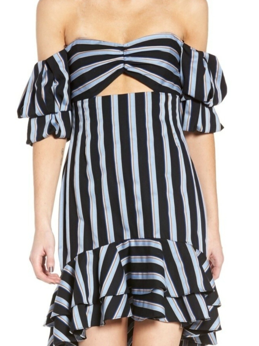 WAYF Striped Off-Shoulder Puff Sleeve Dress in Black and Blue Brand New